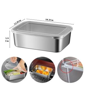 Hộp đựng thức ăn inox 304 size lớn có nắp đậy Khay inox đựng thực phẩm chống gỉ  25x20x5Cm