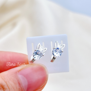 FLORA 0053B - Bông tai bạc ta hình thỏ màu hồng trắng dành cho bé gái