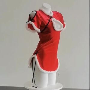 Women Christmas Lingerie Cheongsam Uniform Xmas Party Red Velvet Dress Cosplay Santa Claus Costume New Year Outfit Set