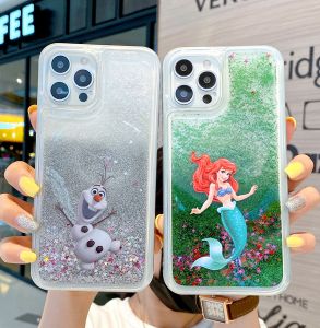 การ์ตูนเจ้าหญิงสวยเงือกแอเรียลแช่แข็ง Olaf โทรศัพท์มือถือกรณีกลิตเตอร์วิบวับและ Quicksand สำหรับ iPhone 12 Mini 12 Pro Max 11 Pro Max 6 6 Plus Plus Plus 7 Plus 8 Plus ฝาหลังสำหรับ iPhone X XR XS Max กลับ Shell