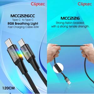 CLIPTEC MCC226 TYPE-C TO TYPE-C RGB BREATHING LIGHT FAST CHARGING CABLE 60W 120CM