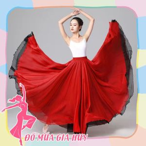 Váy múa 720 độ 2 lớp cao cấp mặc được 2 mặt đen và đỏ váy múa Trung Hoa MQ16
