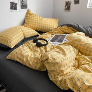 Washed Cotton Japanese Style Muji Style Plaid Striped Button Four-Piece Set Pure Color Duvet Cover Bed Sheet Fitted Sheet Three-Piece Set