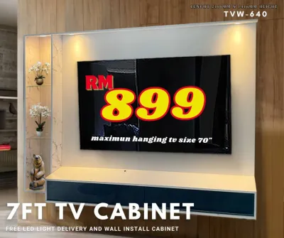 7ft Tv hanging cabinet Sliding glass door drawer 🔥FREE INSTALLATION🔥 With Led Light/Wall TV/Kabinet TV Gantung Dinding