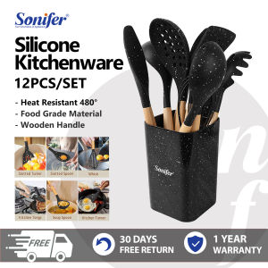 Sonifer Silicone Utensils Set 12PCS Non Stick Kitchen Wooden Handle Kitchenware Heat Resistant 480°