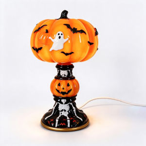 Hand Painted Resin Halloween Desk Lamp Vintage Skeleton Base Purple Shade Warm Night Light Spooky Fall Festival Table Centerpiece With Portable Cable Storage Bag