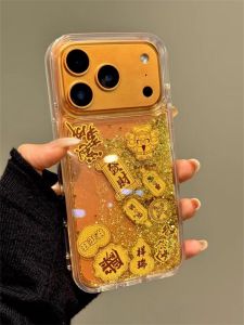 Luxury Floating Elements Gold Quicksand Case for iPhone 17 16 15 Pro Max Get Rich Clear Back Cover Hard Dynamic Liquid Capinha