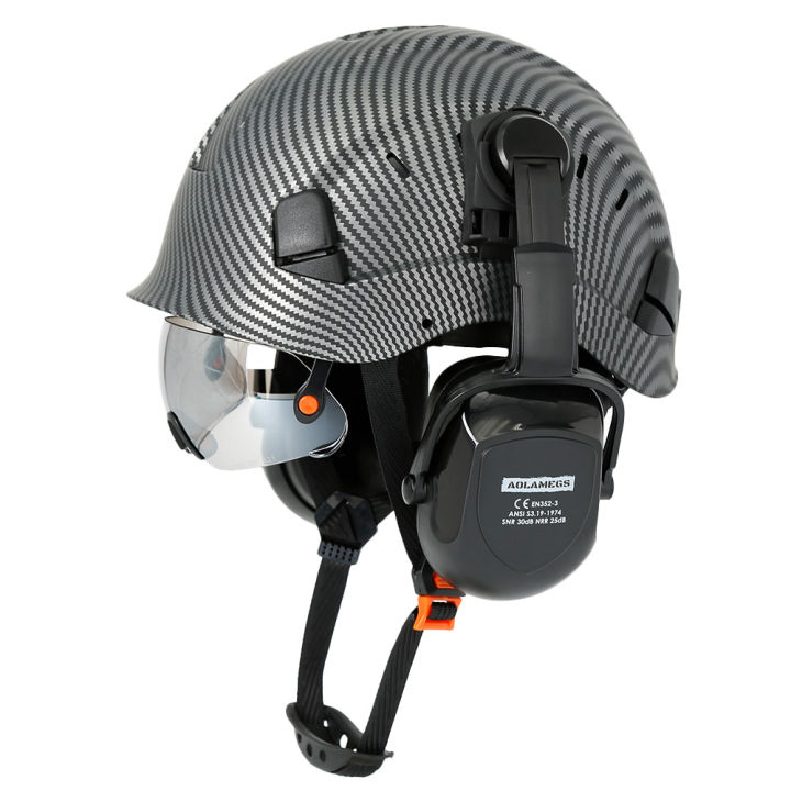 Carbon Fiber Pattern Safety Helmet with Built In Goggle earmuffs for