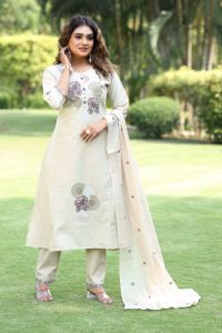 [PRE ORDER : 10 DAYS] Womens A-Line Kurta Set (Kurti Pants Dupatta) - Beige Embroidery Thread Work | Size:- M to xl || 401|
