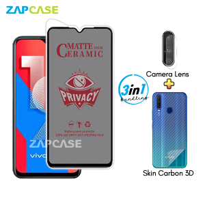 Paket 3in1 Anti Gores Layar Privasi Vivo Y19 Free Tempered Glass Camera dan Skin Carbon