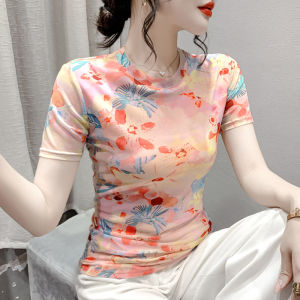 YIMEI Áo Thun Nữ Đẹp 2023 Mùa Hè In Thời Trang Áo Lưới Ngắn Tay Bó Sát Cổ Tròn Áo Tây