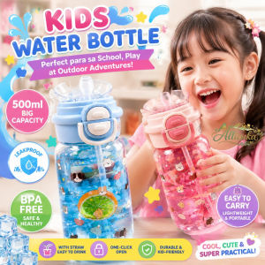 Allieuka 500ML Double Drink Straw Cup Cute Cartoon Water Bottle Cute Cartoon Portable School Cup for Kids