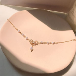 Lovely girls house Fashion Bow Pearls Charm Bracelet Crystal Thin Chain Bracelet Sweet Jewelry for Women Girl Gift