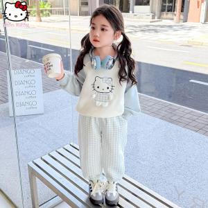 Christmas gifts Halloween 2Pcs Anime Sanrio Girls Pullover Spring Autumn New Hello Kitty Kawaii Cartoon Kids Sweet Fashion Casual Sweatshirt Sweatpants