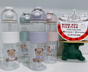 Bình nước nhựa 1100ml có ống hút họa tiết gấu đáng yêu màu sắc nhẹ nhàng Bình đựng nước cute kèm sticker 2D _TingTing