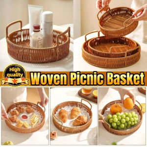 Woven Picnic Basket with Handle for Kitchen Food Bread Fruit Cake Tea Party Storage Tray