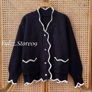 Belvia Cardigan Rajut Premium Kancing Motif Stripe Gelombang Lengan Panjang Wanita