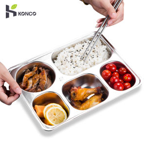 Konco 304 Stainless Steel Dish Plate Food Container with Lid Divided Rectangle Lunchbox Food Server Lunch Tray for Students and Office workers