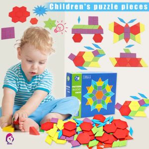 Wooden Pattern Blocks IQ Pattern Puzzle Learning Box Montessori Early Education Kids Geometric Manipulative Shape