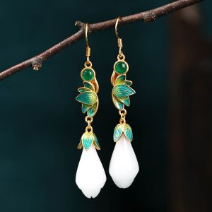 Hot-selling on Douyin and Kuaishou live streams: Chinese-style enamel drop glaze imitation white jade magnolia flower earrings palace-style vintage earrings
