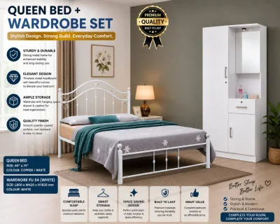 PLZ Aurora Queen Bed and Wardrobe Set - White - Elegant Design - Ample Storage - Quality Finish - Stylish and Durable - Everyday Comfort - Bedroom Scene