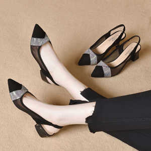 Spring/summer Leather Mid-heel Mesh Single Shoe Pointed Toe Rhinestone Elegant Small Heel Nubuck Cut-out Womens Shoes