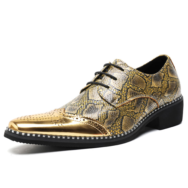 Luxury Mens Pointed Toe Brogue Shoes Men Snake Skin Pattern Leather Shoes  Lace Up Oxfords