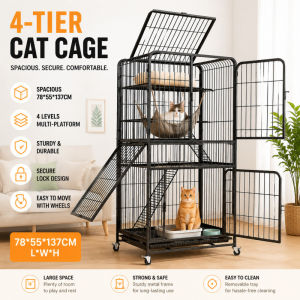 Heavy Duty 4 Tier Cat Playpen Large Metal Pet Cage With Wide Platform Secure Lock Design