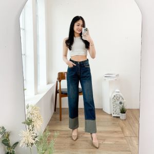 Celana Jeans High Waist Jeans Kulot Highwaist Non Stretch Denim Kaki Lipat Jeans Panjang - 1054 SB L