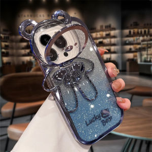 Premium Gradient Glitter Cute Cartoon Bear Case for iPhone 15 14 13 12 11 Pro Max Plus X XR Xs Max Plating shockproof protection bumper back cover