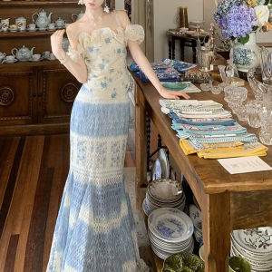 2026 Summer French Off Shoulder Floral Top Gradient Mermaid Skirt 2Pcs Set