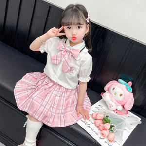 Girls jk Summer Preppy Style Suit 2024 New Childrens Clow M Two-Piece Summer Dress Melody Princess Dress
