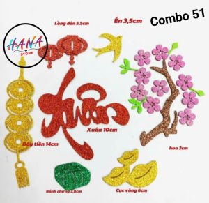 Combo chữ thư pháp xốp nhũ kim tuyến dán bưởi dừa dưa hấu và mẹt 2026 combo chữ xốp nhũ kim tuyên trang trí Tết có keo dán mặt sau