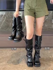 Womens black mid-length boots with internal height increase autumn thick-soled pleated stacked boots western cowboy boots