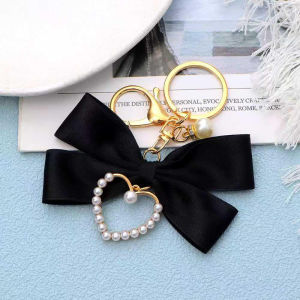 Pearl Heart Keychains Fashion Ribbon Bow Keyrings Handbag Pendant