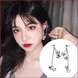 【♡Lovely girls house♡】Fashion Girl Explosion Heart Cold Wind Earrings Cute Super Butterfly Fairy with Chain Ear Bone Clip Integrated Ear Jewelry