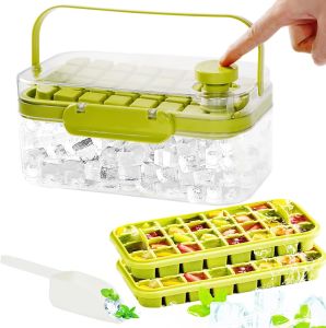 Ice Cube Tray with Lid and Bin - 2 Pack Ice Trays for Freezer with Ice Scoop - Easy to Use and Store - Ice Maker for Freezer 64pcs Ice Cubes - Kitchen Gadgets for Apartment Must Haves