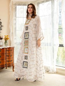 Cotton Linen Sequins Embroidered Abaya Dress for Women Eid 2022 Elegant Loose Fashion Muslim Morocco Caftan Dubai Gown