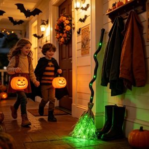 GONOVO STUDIO Glowing Animated Dancing Witch Broom with Sounds Bendable Stick Halloween Party Broom Prop Creative Movable Halloween Magic Witch Broomstick Haunted House
