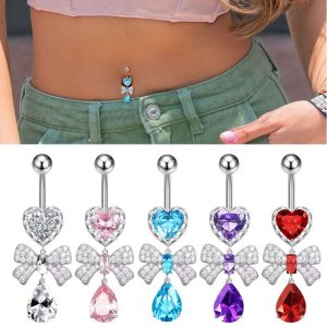 MIRACLE HOME STORE Bow Zircon Navel Ring Stainless Steel Rhinestone Heart Belly Button Ring Personality Crystal Body Piercing Jewelry Party Decoration