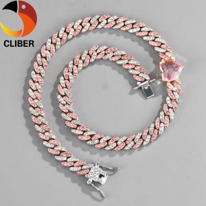 CLIBER 1pcHip Hop 12MM Bling Iced Out Cuban Chain With Heart Crystal Full AAA Pave Mens Necklace for Men Women Jewelry