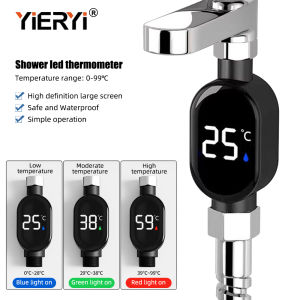 Yieryi Digital LED Shower Temperature meterWaterproof Temperature Sensor with 3-Color Light Indicator Shower Temperature Monitor for Bathroom Family Showers