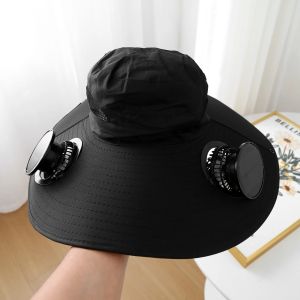 Outdoor Summer Sun Hat With 2 Fans Large Brim Windproof Strap Solar Or USB Charging Anti UV Sun Fishing Cap