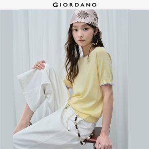 Giordano Women Tipping lettuce trim short sleeve knitwear Free Shipping 18356909