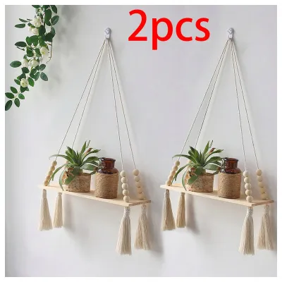 【New and Improved】 Wood Wall Shelf Macrame Floating Wall Shelf Hanging Shelves Corner Holder Display Stand Room Decor Boho Home Decoration