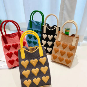 Knitted Mini Mobile Phone Bag Female Korean Version Sweet Love Checkerboard Design Shoulder Handbag