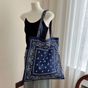 SEJUE4373 Retro Cashew Flower Canvas Bag Printed Large Capacity Ethnic Style Shoulder Bag Casual Lightweight Womens Handbag Beach