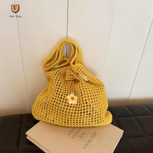 Versatile Womens Knitted Tote Bag with Hollow Out Design Summer Crochet Handbag for Daily and Travel Use[Ueb Shop]