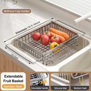 SJORAGE SUS304 Stainless Steel Expandable Over Sink Dish Drainer Adjustable Kitchen Drain Basket Multifunctional Kitchen Organizer