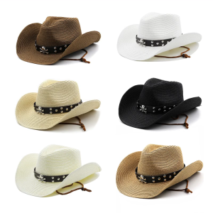 Lightweight Ethnic Style Straw Weaving Hat for Women Men Breathable Cowboy Cap with Metal Skull Western Style Cap